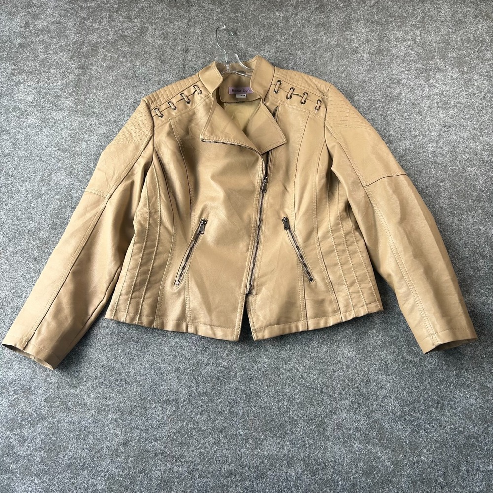 Rene Lion Moto Jacket Womes 16-18 Beige Faux Leather Short PU Stylish Outerwear